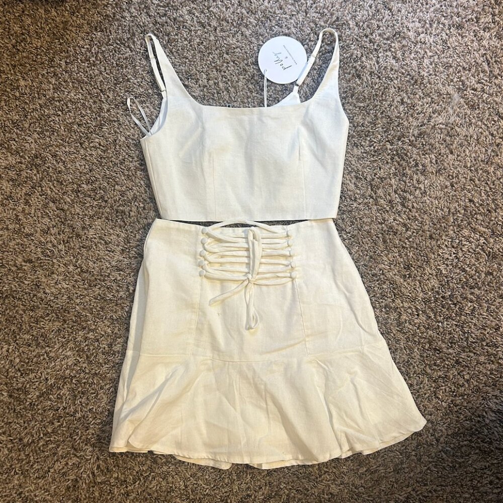 Princess Polly White Linen Two Piece Set Crop Top & Ruffle Mini Skirt Size 4